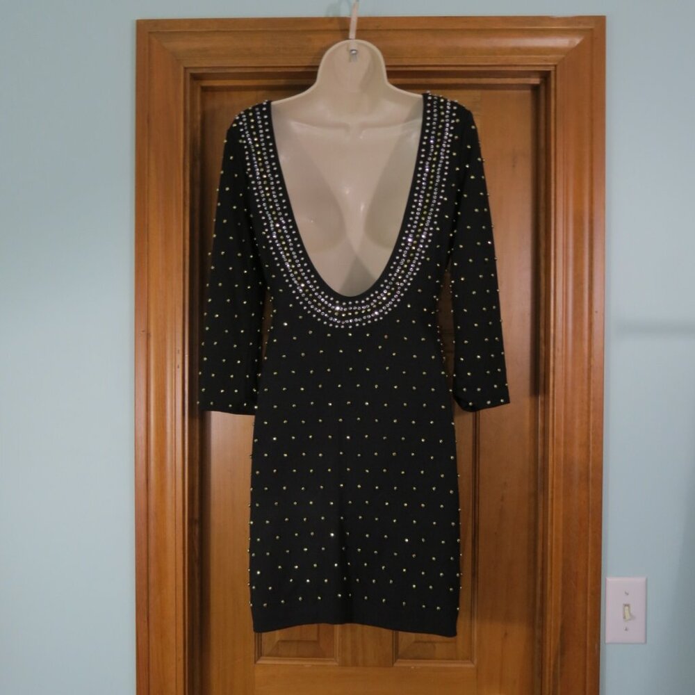H&M Black Sexy Cocktail Party Dress Studded Knit Low Back 3/4 Sleeve